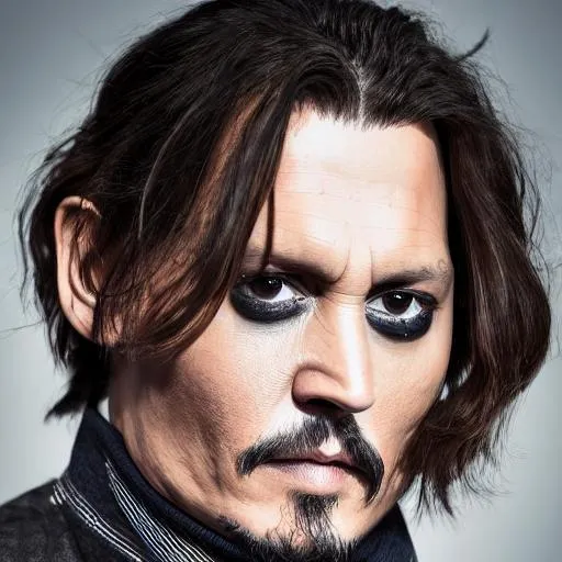 Prompt: photo realistic portrait of {Johnny Depp}, centered in frame, facing camera, symmetrical face, ideal human, 85mm lens,f8, photography, ultra details, natural light, light background, photo, Studio lighting