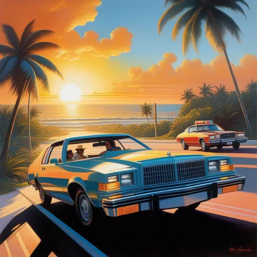 Prompt: 1980s, Miami, car chase, sunny weather, warm atmosphere, cartoony style, extremely detailed painting by Greg Rutkowski and by Henry Justice Ford and by Steve Henderson