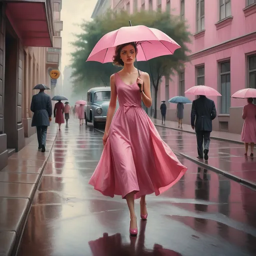 Prompt: a woman in a pink dress is walking down the street holding an umbrella in her hand and people walking on the sidewalk behind her, Anka Zhuravleva, fantastic realism, cinematic photography, a photorealistic painting