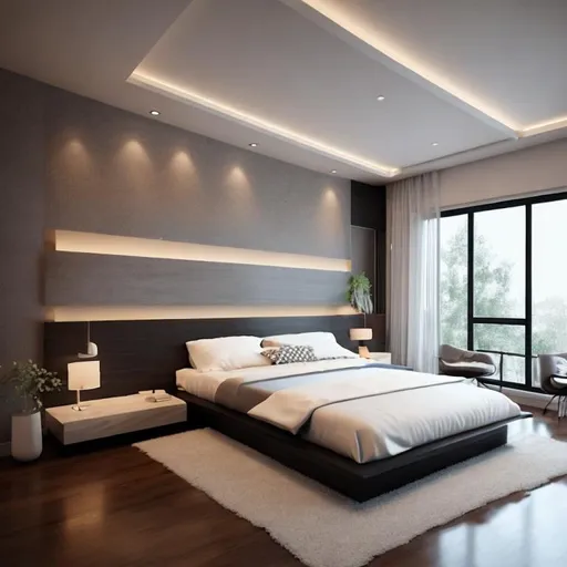 Prompt: a modern bedroom without night tables