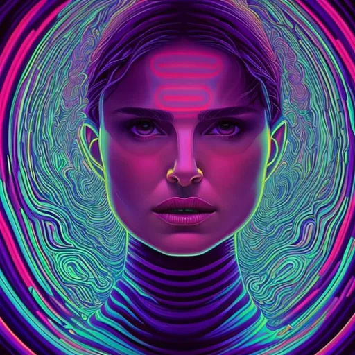 Prompt: Hypnotic illustration of Natalie Portman, hypnotic psychedelic art, pop surrealism, dark glow neon paint, mystical, a symetric