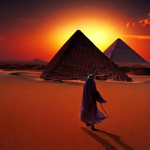 Prompt: an arabian knight walking in the desert alone durning a beautiful sunset on the horizon,alien ship land on pyramids,last day on earth ,see, 3 pyramids of giza,desert,sunset,high detail,4k