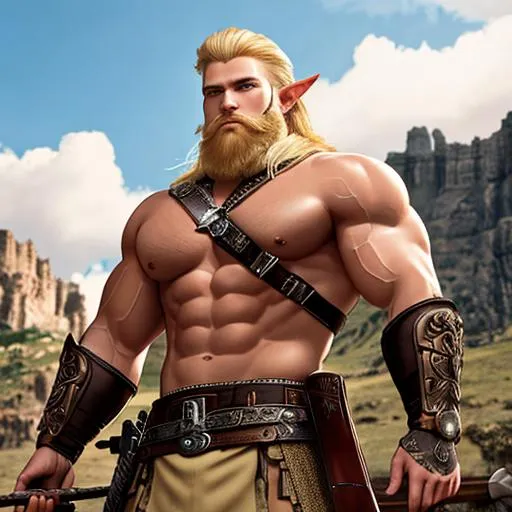 Prompt: CGI, best quality, highest resolution.
Big iron club. Blond big beard, short hair, blond hair, brown eyes. Elf.
A full-body image of a buff handsome warrior, european man, pointed long ears.
A profoundly fair complexion, big detailed muscle. Masculine.