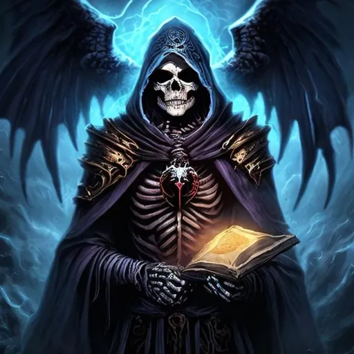 Prompt: realistic full body skeleton necromancer holding a tome wearing a cloak surrounded by ghosts
dark colors
in magic the gathering style
