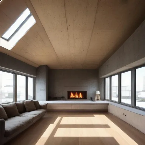 Prompt: cozy brutalist architecter fireplace 
