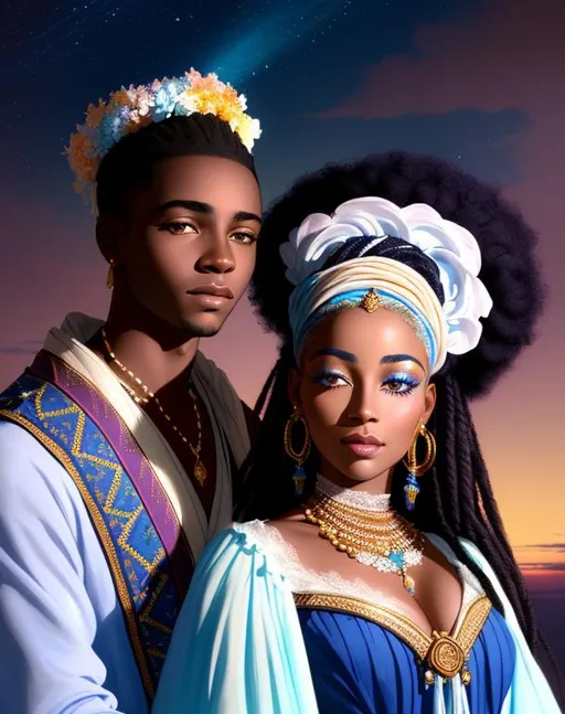 Prompt: portrait painting of a handsome african boy with vitiligo and a beautiful african girl, style of Fragonard and Yoshitaka Amano (messy long flowing
 white hair), sunset, ((inricate blue gothic gown)) flowers, delicate, soft, ethereal, luminous, glowing, dark contrast, celestial, trails of light, soft light, backlit, vaporwave
