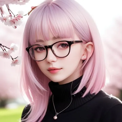 Prompt: 18 years old cute and beautiful girl, hi res, photography, wearing glasses, realistic, high details, facial details, messy stray hair bob fringe pink and silver, slim body, f-cup size,  snowry winter cherry blossoms, hyperdetail, 4k, 8k, sunny day, pastel soild and sharp colour, backlit, facial expression