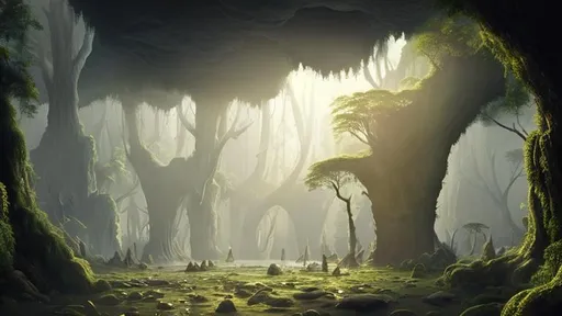 Prompt: matte painting high detail of a huge forest of tall trees standing inside an enormous cave, lit from above by bright sunlight