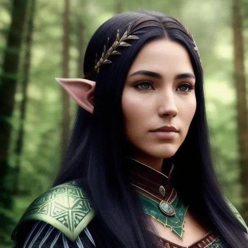 Prompt: Native american woman, elven ears, forest, leather armor, spiritual, ghost, photorealistic, cinematic