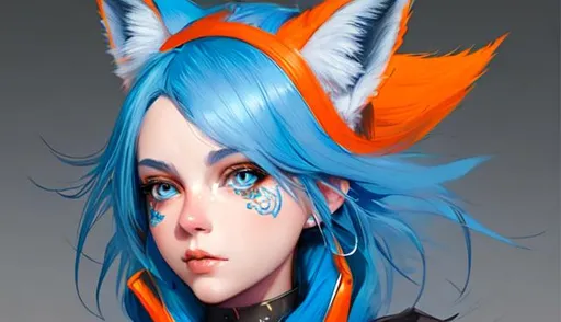 Prompt: full body portrait of fox girl with blue hair and with cute face, piercing orange eyes, perfect composition, hyperrealistic, super detailed, 8k, high quality, trending art, trending on artstation, sharp focus, studio photo, intricate details, highly detailed, by greg rutkowski