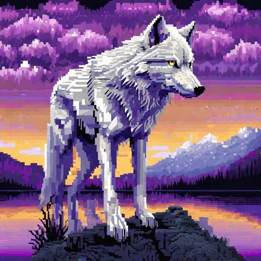 Prompt: (pixel art), 16-bit, beautiful {white wolf}, with {silver eyes}, looking at viewer, glaring through fourth wall, layers of purple mountain silhouettes, magical fantasy crystal lake, twilight, highly detailed, beautifully detailed shading, complementary colors, golden ratio