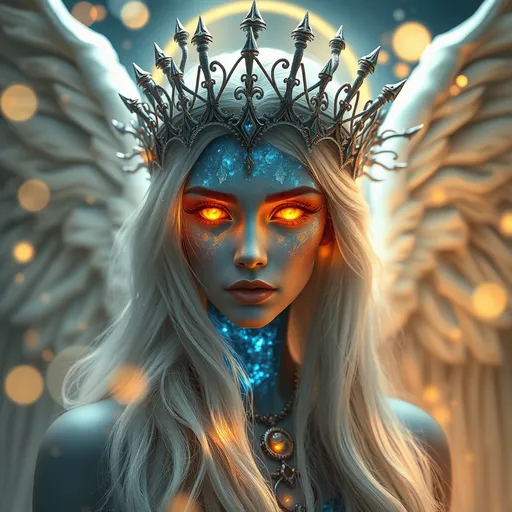 Prompt: A celestial and otherworldly angelic figure inspired by the Book of Enoch, representing a Watcher angel. The female angel has glowing, fiery amber eyes radiating divine energy, her face adorned with shimmering blue crystal textures symbolizing heavenly purity. Her long, flowing silver-white hair cascades gracefully, as if illuminated by ethereal light. She wears a crown of intricate, divine metallic branches intertwined with icy spikes, reflecting celestial radiance. Her presence is surrounded by luminous orbs and soft golden and blue bokeh lighting, symbolizing the divine light of the heavens. 

The scene features a mystical and dreamlike atmosphere, with swirling clouds of light and faint inscriptions of ancient angelic runes in the background. The angel’s expression conveys wisdom and power, embodying the duality of the Watchers as described in the apocryphal texts. Ultra-detailed textures on the crystals, crown, and flowing hair; volumetric lighting highlighting the divine and supernatural aesthetic; photorealistic rendering; cinematic composition inspired by WLOP, Greg Rutkowski, and classical Renaissance depictions of angels. UHD, vibrant contrast between warm and cool tones, evoking celestial glory.