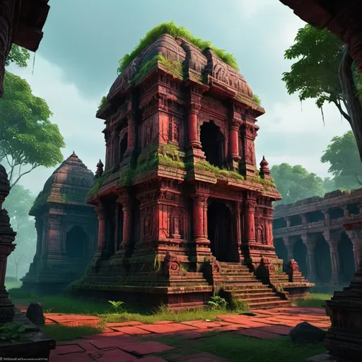 Prompt: War Temple Ruin, South Indian Architecture, entire structure, ghostly atmosphere, partly overgrown by djungle, red and black marble materials, lush green surroundings, intricate carvings and ornate details, immersive world-building, high quality, detailed, epic scale, fantasy, game style, vibrant colors, atmospheric lighting
