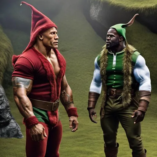 Prompt: dwayne Johnson as a elf fighting alongside kevin hart as a dwarf