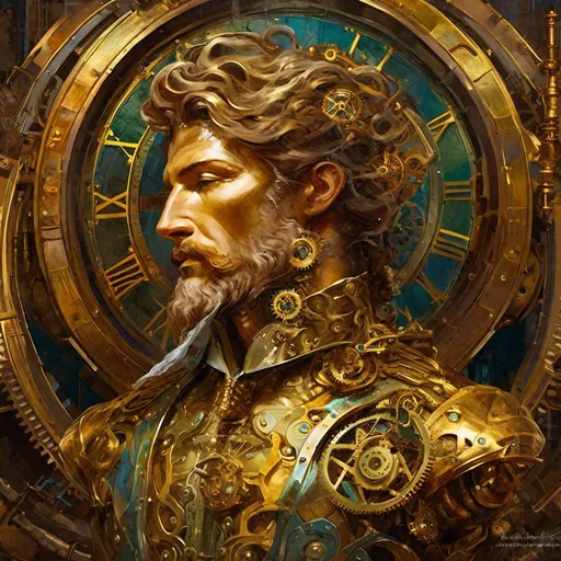 Prompt: "the god of time!!! ancient muscular god | by Michelangelo and Auguste Rodin | clockpunk | steampunk!! clockwork | metals | gears | engine | gadgets | victorian fashion alternative | steam | polished | machinery | perfectly centered!!! forward-facing! flowing hair | head and shoulders portrait | deep color | shadowdepth | vivid oil painting | sharp_focus, 8k_resolution | 3D shading | polished | intricate, natural lighting | colorful | ambient occlusion"
"the god of time!! centered head and shoulders portrait clear focus hyperdetailed chiaroscuro academic art depth of field, ambient occlusion shadowdepth Anato Finnstark | Android Jones | Darek Zabrocki gloss | polished hyperrealism | realistic | brass | clockpunk | steampunk | gears gadgets gold brass metals ancient sacred perfect_proportions | perfect_anatomy accurate_anatomy"
"the god of time Mark Brooks and Dan Mumford, comic book art, perfect concept art, 3d digital art, Maya 3D, ZBrush Central 3D shading, bright colored background radial gradient background, cinematic Reimagined by industrial light and magic 4k resolution post processing polished hyperrealism | realistic perfect_proportions | perfect_anatomy Amanda Sage | Alphonse Mucha"
"the god of time!!! statue oil painting by John Howe Andy Park Boris Vallejo head and shoulders portrait, 8k resolution concept art portrait by Greg Rutkowski, Artgerm, WLOP, Alphonse Mucha dynamic lighting hyperdetailed intricately detailed Splash art trending on Artstation triadic colors Unreal Engine 5 volumetric lighting"