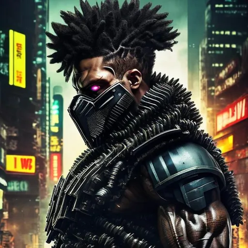 Prompt: Focused. Sharp. 4k. Afro hair. All Might punisher spawn. Afro. all-black camo. Full body. Imperfect, Gritty, futuristic army-trained villain. Half face mask. Bloody. Hurt. Damaged. Accurate. realistic. evil eyes. Slow exposure. Detailed. Dirty. Dark and gritty. Post-apocalyptic Neo Tokyo .Futuristic. Shadows. Sinister. Armed. Fanatic. Intense. 