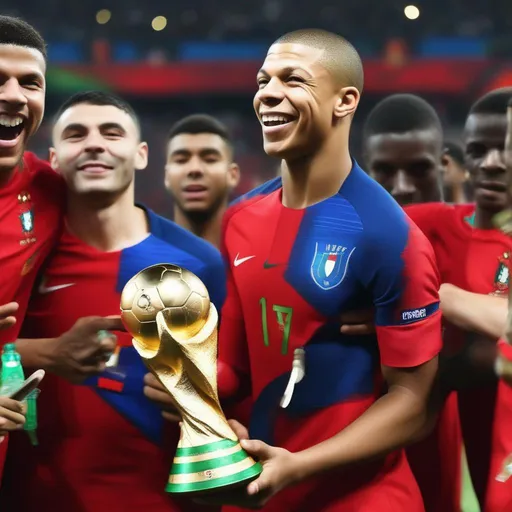 Prompt: make Kylian Mbappe
  win a world cup and celebrate with the Portuguese  boys soccer national team holding the fifa world cup trophy









