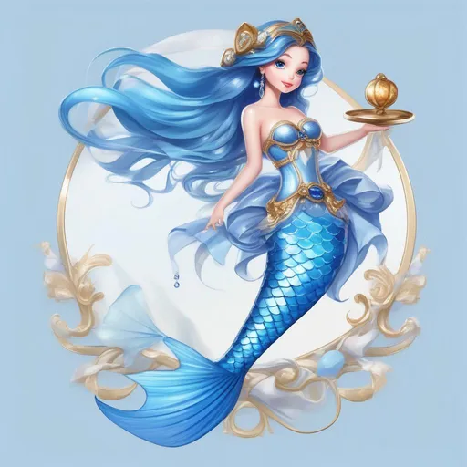 Prompt: Mermaid, sky-blue mertail with bronze ribbons and sapphire gemstones, sky-blue top with white bows and sapphire gemstones , Air Drop, masterpiece, best quality, in cartoon style