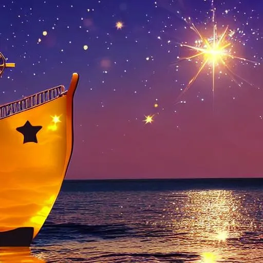 Prompt: golden ship, on a blue sea, purple sky, filled with stars, shimmer in the air, sparkles