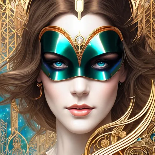 Prompt: Art Nouveau. portrait of a beautiful female cyborg, with gentle, empathetic eyes. realistic proportions, correct proportions. White prism, cosmic, ethereal, astrology, celestial symbolism, detailed blue, black, gold, copper, jade tinted. 