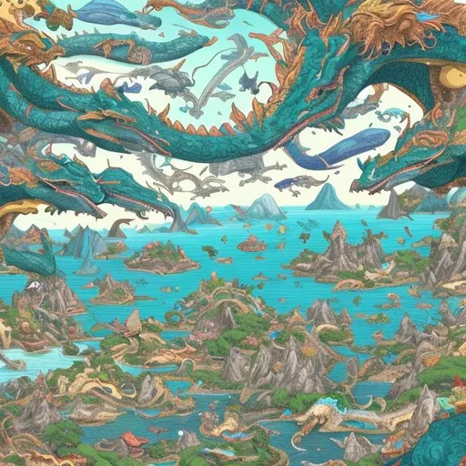 Prompt: A detailed picture of a huge landscape full of life with flying islands held by randomly colored and detailed dragons or whales with floating shrines and temples with runes and relics of the past