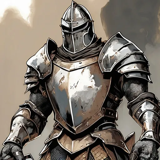 Prompt: Art style is apocalyptic comic book as in the Marvel comic books but a bit more realistic. A noble knight wearing armor and looking beat up.  Arms are in A position. 
