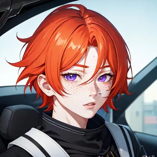 Prompt: Erikku male adult (short ginger hair, freckles, right eye blue left eye purple) UHD, 8K, Highly detailed, insane detail, best quality, high quality, anime style