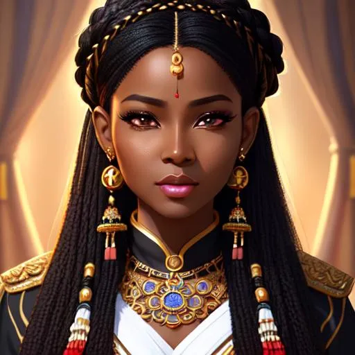 Prompt: 64K, Portrait of an Nigerian woman {character} with dark tan skin, long braided black hair and with a heart-shaped face, beads, dark eyes, {background}, perfect composition, by Yuumei, stanley artgerm lau, wlop, rossdraws, concept art, digital painting, looking into camera, intricate ornament on his suit, castle background, colorful ambient, colorfull, HDR, 64K
