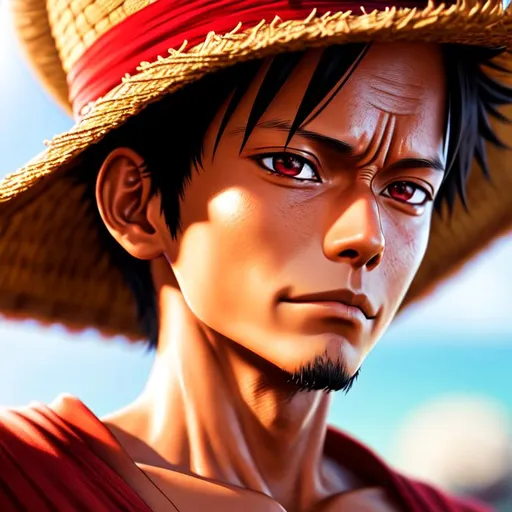 Prompt: Luffy, Highly Detailed, Hyperrealistic, sharp focus, Professional, UHD, HDR, 8K, Render, HD, Trending on ArtStation, bokeh, outdoor, close up,