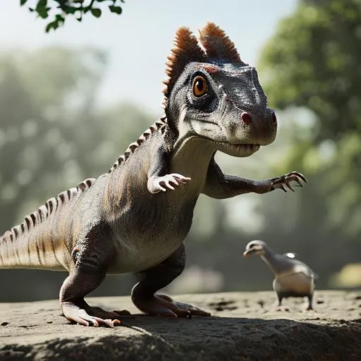 Prompt: A surrealist mammal like dinosaur that is head like a pigeon, full shot, pre-historic, full details, most accurate depiction. Ultra realistic cgi, 8k A mammal like dinosaur that is head like a pigeon, full shot, pre-historic, full details, most accurate depiction. Ultra realistic cgi, 8k 