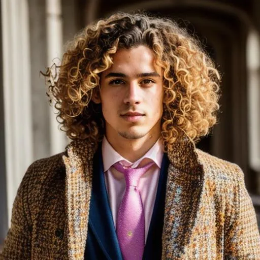 Prompt: vibrant, masterpiece gorgeous, curly hair, bright composition, sharp focus, intricate details, wearing an overcoat, sunlight golden colors, indoor, chromatic aberration