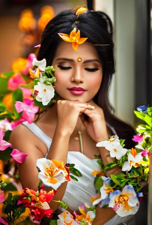 Prompt: Asian Beauty, (((Bangkok night))) - Steve Hanks, Hyper-real watercolor. Extremely rich in detail. Photograph is realistic. 25 year old woman in a traditional Bangkok hotel room. (((Back to window)) Sitting on the floor among flowers. She is wearing a white and blue translucent slip. Short black hair. straight nose. large dark brown eyes. Face without make-up. Full lips, smile. She holds a flower in one hand.  Illumination: from the back - the lights of Bangkok night are filtering in from outside. The room is lit only by a few ((candles))).