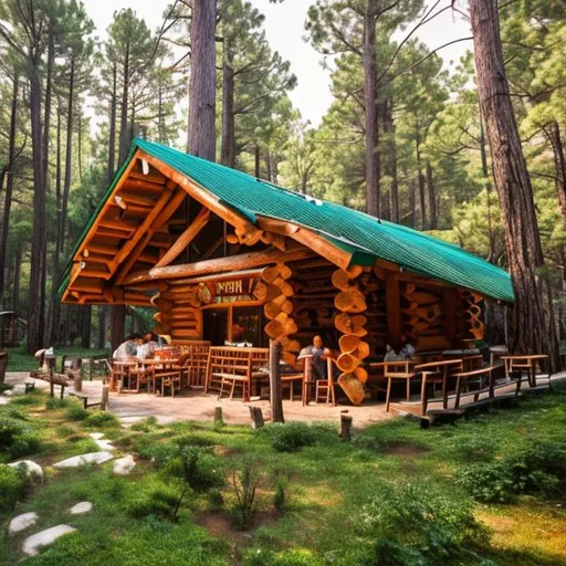 Prompt: An outdoor food cafe  located in a pine forest. Bright and inviting, log cabin feel, with customers sitting outside on benches enjoying food.  
Shot from side with 24mm lens, realistic, sharp