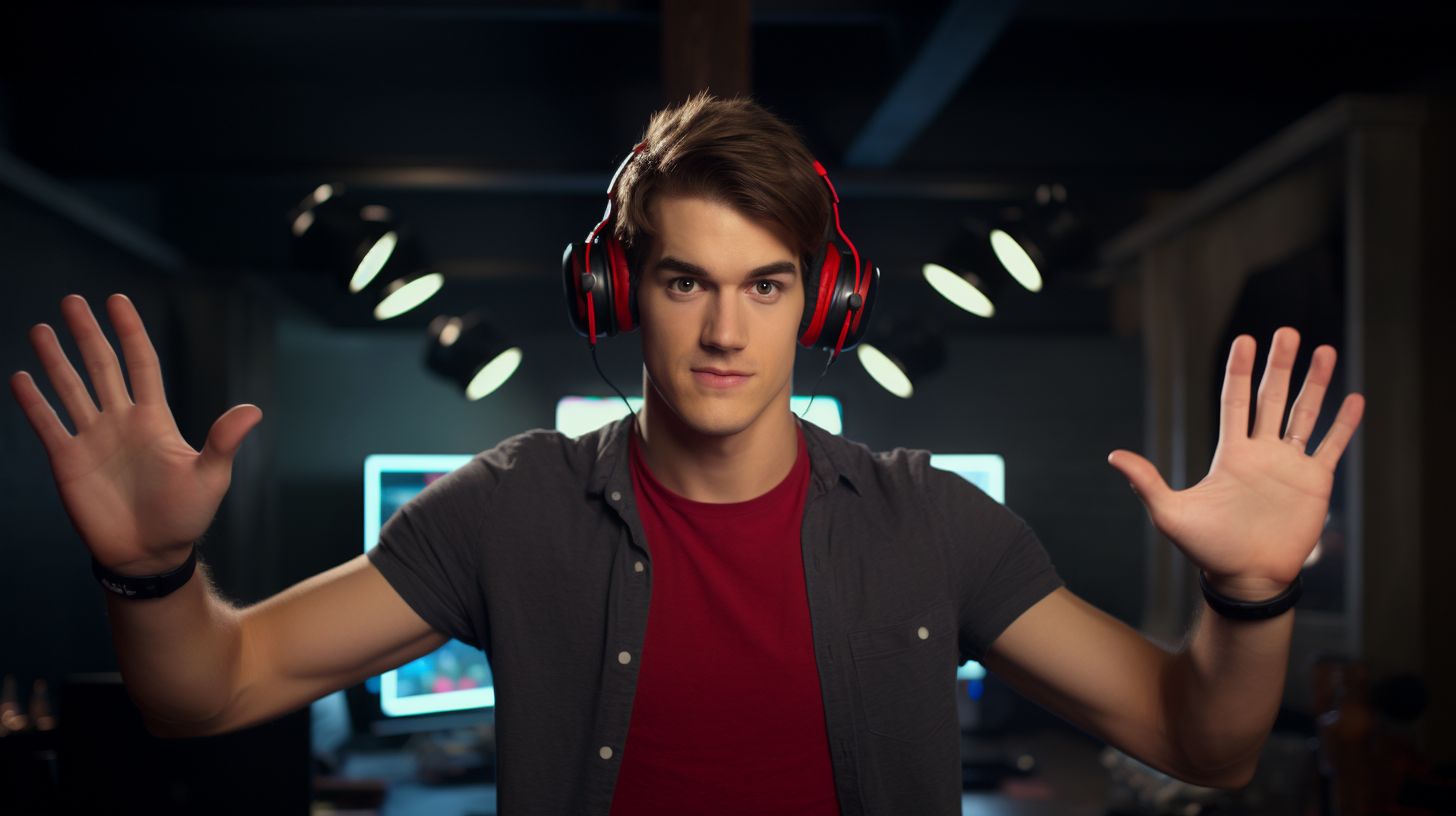 Prompt: Matpat holding his hands up doing a Mr. Beast style intro for his youtube. --ar 16:9