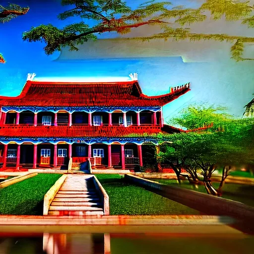 Prompt: An Chinese manor built in American Colonial Chinese architecture, cinematic lighting, over the shoulder perspective, exterior photograph, scenic, vivid, colorful, vibrant, highly detailed, realistic