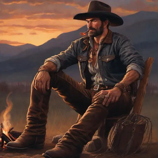Prompt:  cowboy with a short beard wearing leather pants, leather gloves, leather shirt, bandana, sitting at a campfire at dusk, smoking a cigarette, rugged western style, high quality, realistic, warm lighting, detailed textures, dramatic composition, classic cowboy