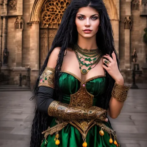 Prompt: professional modeling photo esmerelda as live action human woman hd hyper realistic beautiful gypsy woman black hair olive skin green eyes beautiful face romanian dress and jewelry and tamborine enchanting notre dame hd background with live action realistic goat 