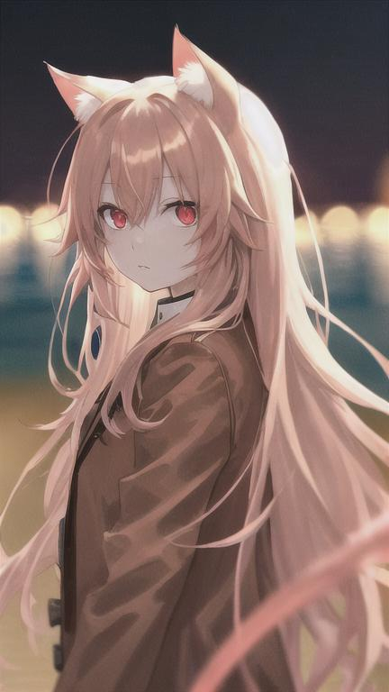 cream hair colour, long hair,red eyes, girls anime