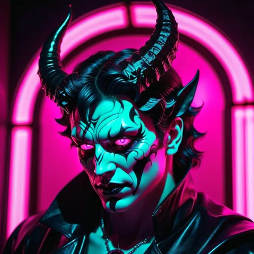 Prompt: demon, hell, demonic, gothic, vaporwave, retro, neon, aesthetic, liminal, high quality, high definition, beautiful, dramatic lighting