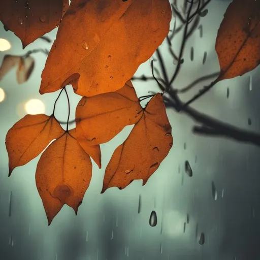 Prompt: Leaves under heavy rain and lights