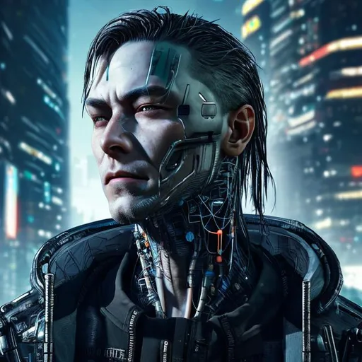 Prompt: man from the future, cyberpunk style, detailed face, realistic