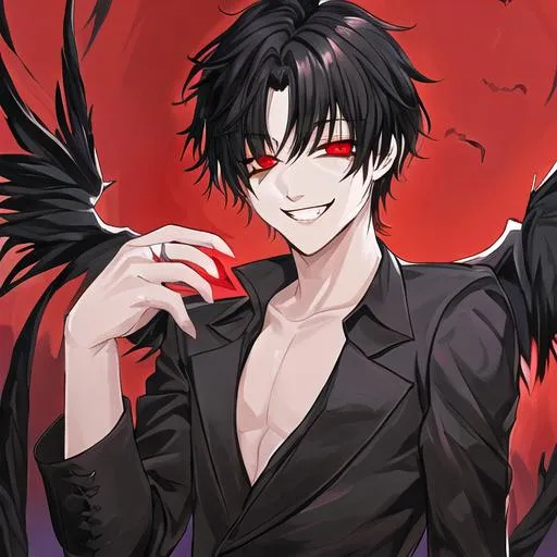 Prompt: Damien as a fallen angel (male, short black hair, red eyes) grinning seductively