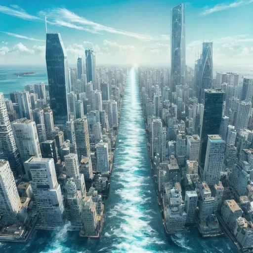Prompt: City falling into ocean