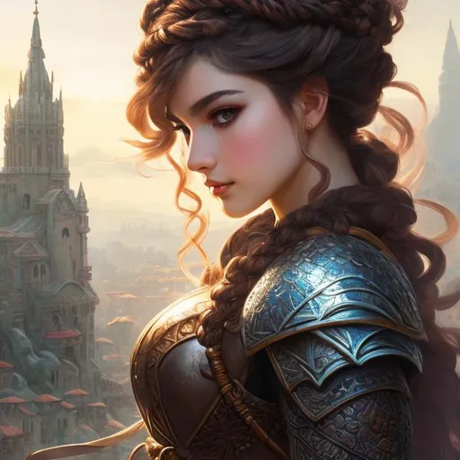 Prompt: Greek Mythology, leather armor,  adventurer, DnD concept art, In a busy market, half body portrait, cleric, detailed face, detailed vibrant eyes, full eyelashes, ultra detailed accessories, city background, curly messy braided hair, bangs, dnd, artwork, fantasy,inspired by D&D, concept art, ((looking away from viewer)), ((Art inspired by studio ghibli))