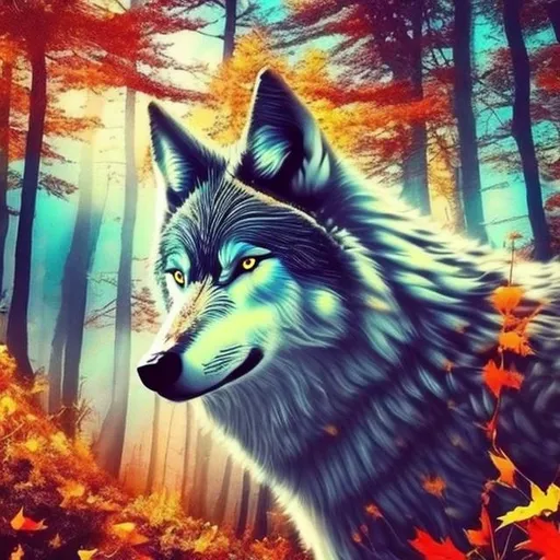 Prompt: A wolf near a mountain during fall season with vibrate colors, trippy, colorful