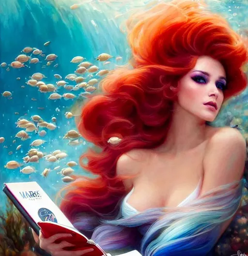 Prompt: A beautiful mermaid, gradient ombre reddish hair, under the sea, with a perfect tail, using Fancy cat eyes specs and reading a book. There's fishs and other marine life around her. Art by Daniel Gerhartz, Martine Johanna, artgerm, James jean. Best quality, super clear resolution, cinematic quality.