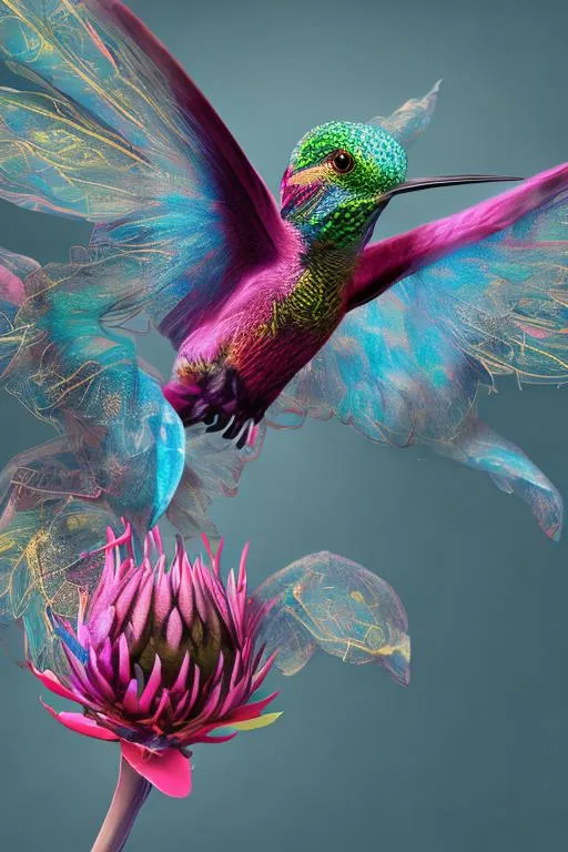Prompt: intricate protea, flying hummingbird, HD, hyper detailed, colorful, award-winning CGI, led, dynamic lighting