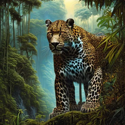 Prompt: Landscape painting, lush and dark jungle, a leopard with a fallen mountain goat, dull colors, danger, fantasy art, by Hiro Isono, by Luigi Spano, by John Stephens