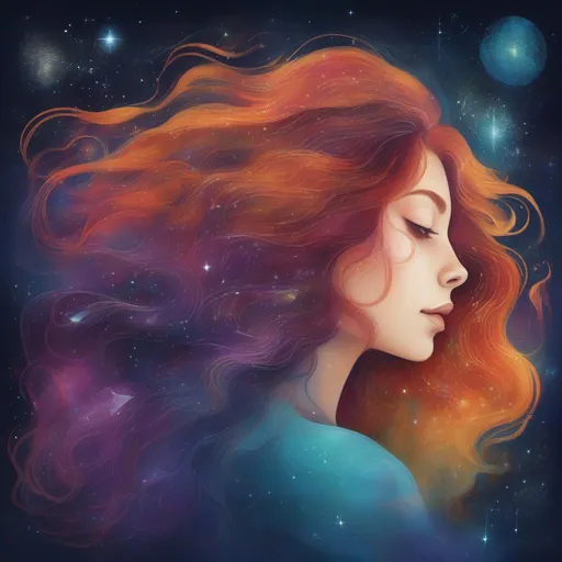 Prompt: A beautiful, mysterious and colourful woman with magical hair themed after constellations in a painted profile picture