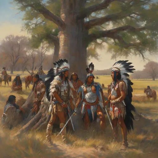 Prompt: Painting of feathered native Americans tribe finding metal suit of armor laying against a tree in north Texas 